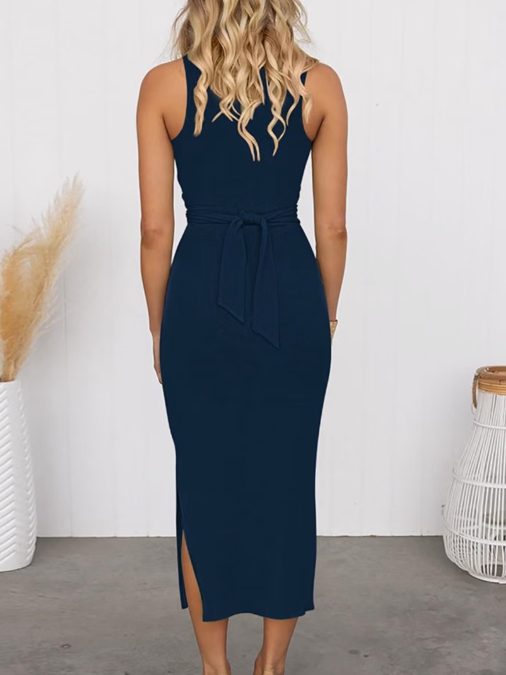 Navy sleeveless twist cut-out bodycon midi dress - Picture 3 of 5